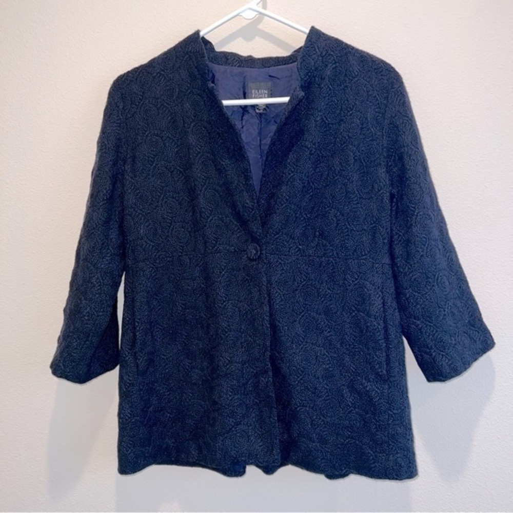Eileen Fisher‎ Wool Blazer Navy Embroidered Swirl One Button XS